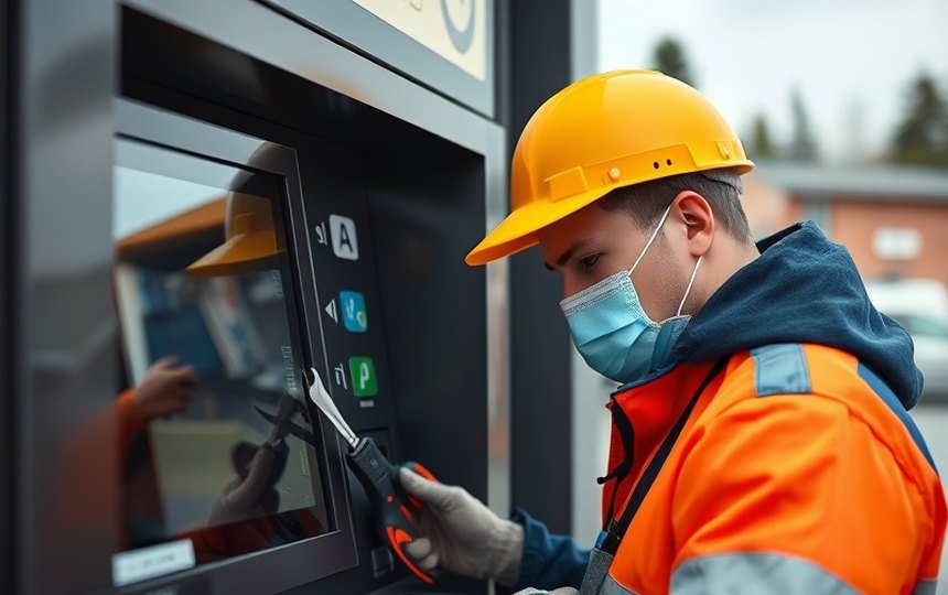 Technician carrying out maintenance on a self-service terminal