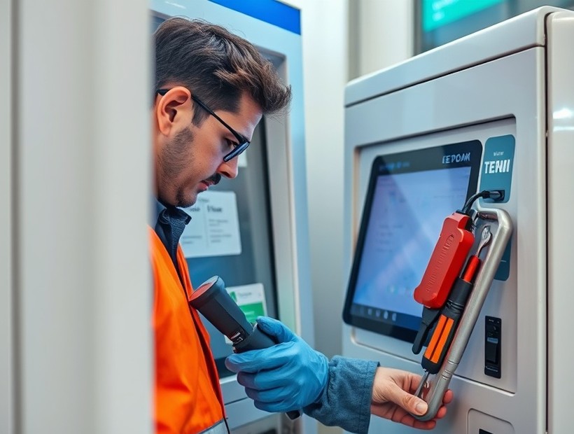 Field service team working on a self-service terminal