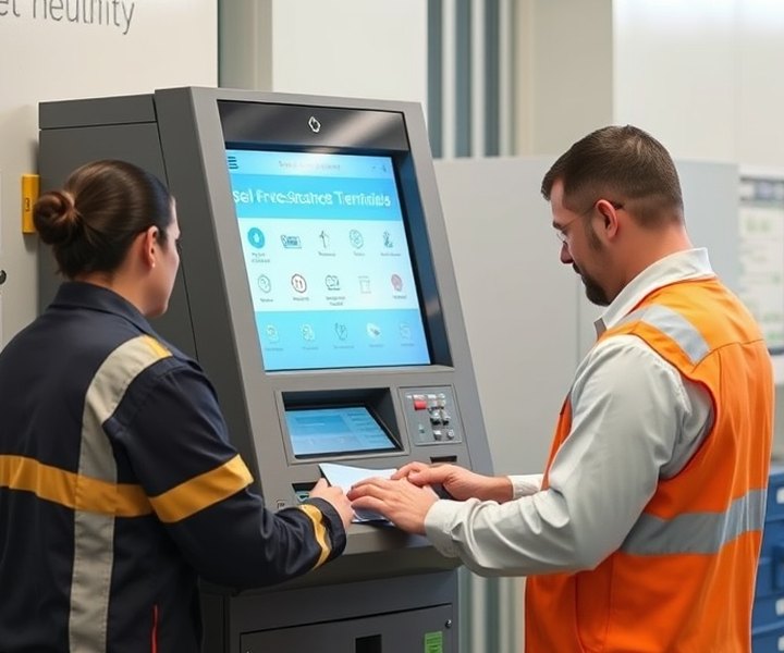 Technician carrying out maintenance on a self-service terminal